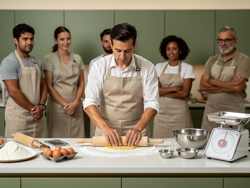Istruttore di cucina che mostra una tecnica tradizionale a un piccolo gruppo